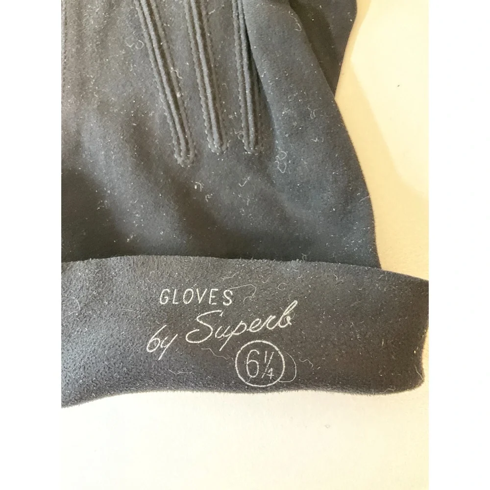 Vintage Suede Leather Gloves by Superb Black Short Table Cut Driving Chic 6.5